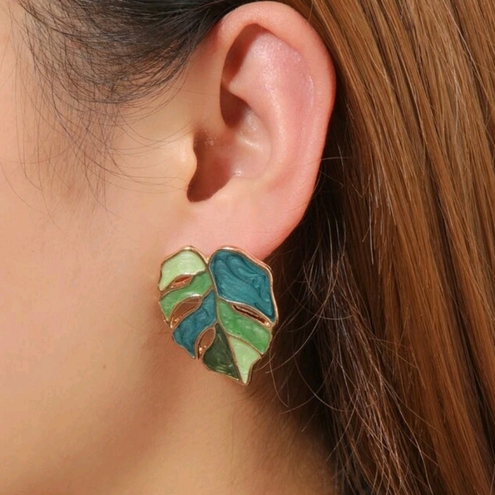 Gold Monstera Leaf Boho green palm Stud Statement earrings Botanical Garden 💖